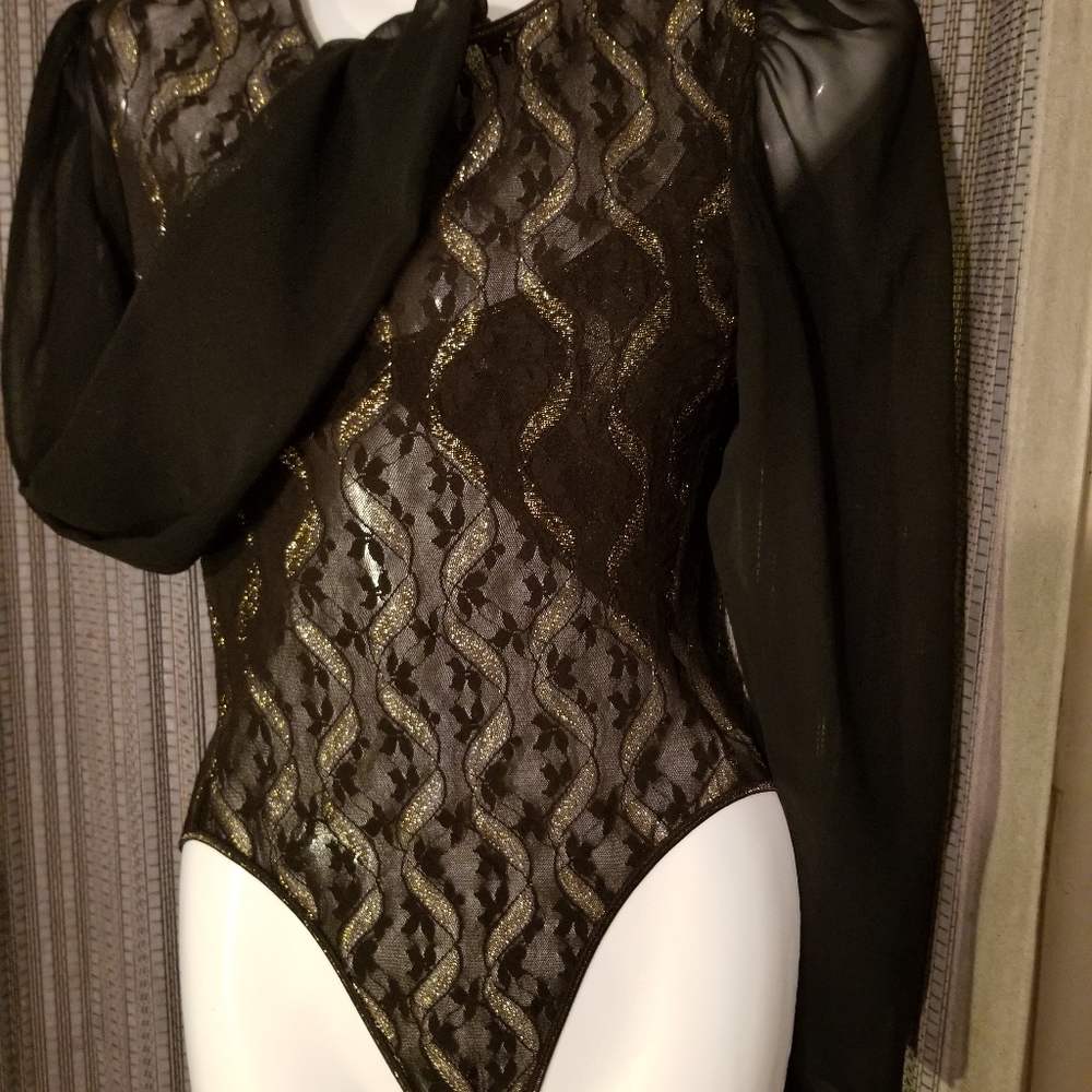 Black teddy sheer lacey with gold threads long sleeves